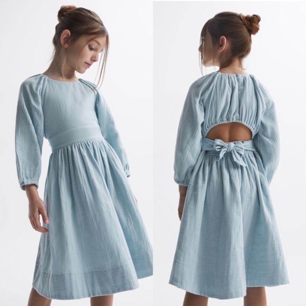REISS Girls Blue Cotton Expandable Cuff Sleeve Cut out Back Dress 9-10 YRS NWT
